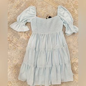 Baby blue windowpane square neck dress